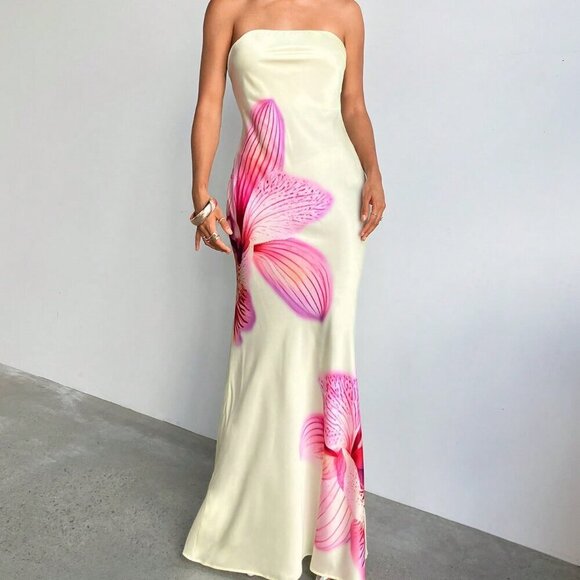 Yellow Elegant Women's Off-Shoulder Satin Maxi Dress with Flower Print - Picture 4 of 5